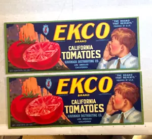 2 Vintage Neu aus altem Lagerbestand Papier Einmach Etiketten - EKCO TOMATEN Kavanagh Los Angeles CA - Bild 1 von 2