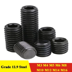 M3 - M16 Black Socket Flat Point Grub Screw Grade 12.9 Steel Hex Allen Set Screw - Picture 1 of 16