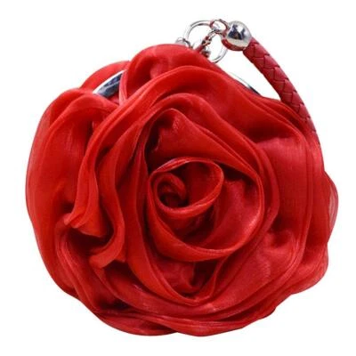 Women Rose Shaped Clutch Soft Satin Wristlet Handbag Wedding Party Purse Red - Image 1 of 4