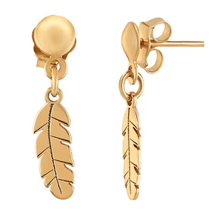 14k Solid Pure Yellow Gold Delicate Feather Designer Earrings - Picture 1 of 10