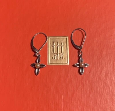 James Avery 925 Sterling Silver Retired Leaf Cross With Pearl Ear Hooks Earrings - Image 1 of 4