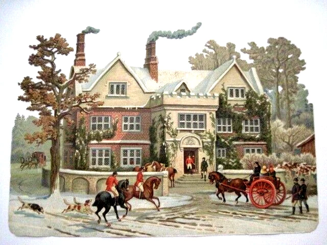 Gorgeous Large 1800's Die Cut -Charming House, Dogs, Horses, Carriage & People * Foto 1 de 4