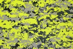 DIGITAL CAMO SAFETY YELLOW POLYESTER KNIT INTERLOCK ATHLETIC FABRIC BY YARD 60"W - Picture 1 of 5