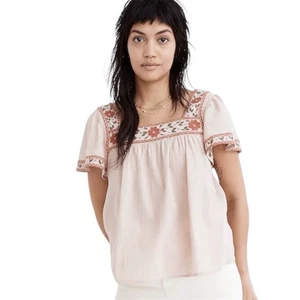 Madewell besticktes Oberteil mit eckigem Ausschnitt Crinkle Baumwolle Blumen Boho Bauer Größe XS - Bild 1 von 9