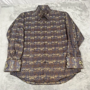 Manzini Shirt Mens XL Brown Gold Blue Paisley Plaid Dress Button Up Long Sleeve - Picture 1 of 13