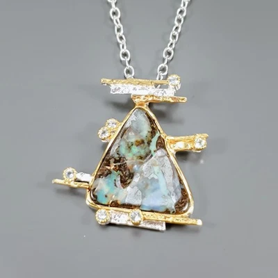 Handmade 34 ct+ Natural Boulder Opal Necklace 925 Sterling Silver 18.5"/N27532 - Image 1 of 4