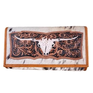 Brigalow Country,Brown/White Cowhide Hair On Leather Clutch, Longhorn Tooled - Picture 1 of 5