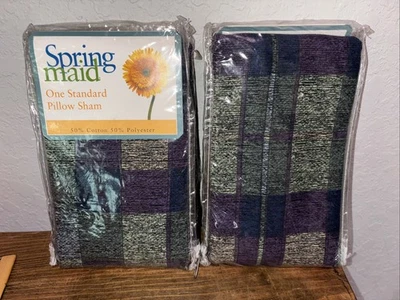 2 Springmaid STD Pillow Shams, NEW Vintage Spring Maid Dillon  Purple Blue Plaid - Image 1 of 4