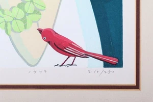 Bird Little ED Shuzo Print Pencil Signed Red Framed Woodblock Ikeda 1979 - Picture 1 of 8