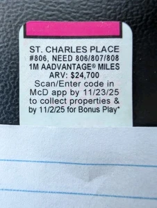 2025 McDonald’s Monopoly St. Charles Place # 806 uneingelöst - Bild 1 von 1