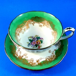 Green and Gold Border with Floral Center Hammersley Tea Cup and Saucer Set - Picture 1 of 3