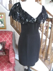 Black Sequined Lace Collar Evening Formal Cocktail Sheath Dress Size 3/4 - Picture 1 of 8