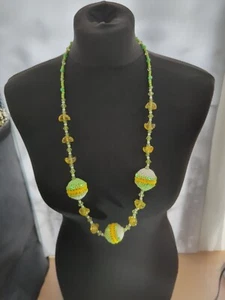 Necklace Long Crochet Bead Statement Piece Green, Yellow White Beads Sequins - Picture 1 of 9