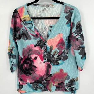 Snoskins Top Womens Small Multi Floral Crinkle 3/4 Sleeve V Neck Button Front - Picture 1 of 9