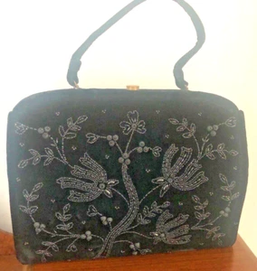 VINTAGE Handbag Purse SOURE BAG NEW YORK BLACK VELVET & Jet Beads - Picture 1 of 15