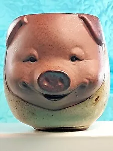 Vintage 1970's 3D Stoneware Ceramic Pottery SMILING PIG MUG 3.25" Way Cool! - Picture 1 of 12