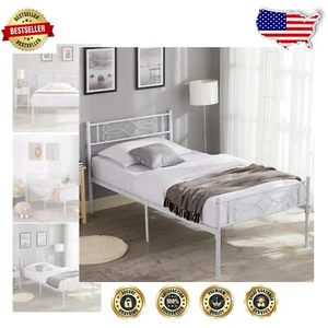 Space-Saving 14" Twin White Metal Bed Frame - Elegant Design & 330 lbs Support - Picture 1 of 11
