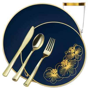 Orchid COLLECTION Royal Blue &Gold Plastic Tableware Set Wedding Party Dinner - Picture 1 of 6