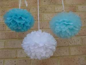 12x blues white tissue paper pom poms balls wedding party babyshower venue decor - Picture 1 of 5