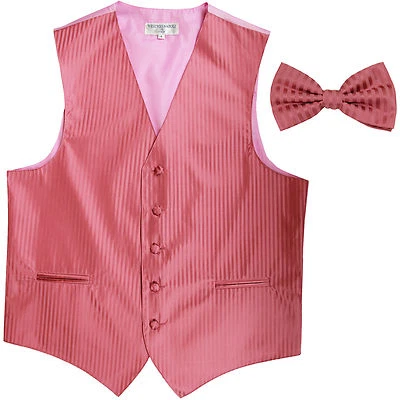 New Men's Vertical Tone on Tone stripes tuxedo Vest Waistcoat & bowtie coral - Image 1 of 4
