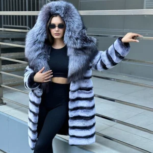 Luxus Damen Chinchilla Echt Rex Kaninchenfell Mantel mit Echt Silberfuchs Pelzmütze - Bild 1 von 6
