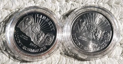 1991-P&S Mount Rushmore Anniversary Coins Half Dollar Proof And Unc w/ COA/ OGP  - Image 1 of 2
