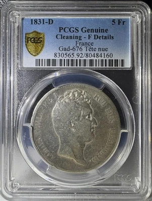 1831-D Francia Plata 5 Francos Gad-676 Tete nue PCGS F Detalles - Limpieza (160) Foto 1 de 3