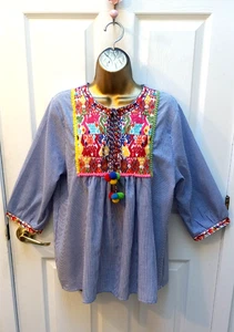 ZARA S/M Boho Strand Hippie gestreift bestickt Bauern Top mit Quasten 3/4 Arm - Bild 1 von 11