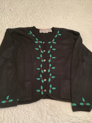 Vtg TALLY HO Christmas Cardigan Sweater Womens Size XL Black w/Holly Embroidery - Image 1 of 4