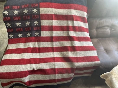 WOOLRICH Vintage Wool Blanket Red White Blue Striped American Flag  USA GUC - Image 1 of 4