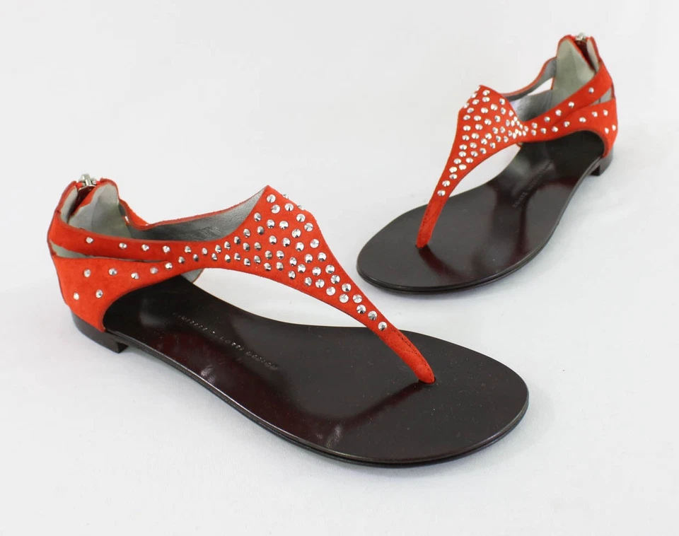 Giuseppe Zanotti Naranja Gamuza Tachonado Geranio Tanga Plana Sandalia Zapato 38 EE. UU. 8 Foto 1 de 4