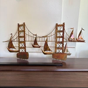 Mid Century Jere Stil Metall Skulptur Brücke Segelboote 35x13 Maritim Wandbild - Bild 1 von 7