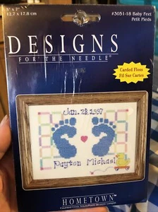Cross Stitch Kit: Baby Feet Birth Record, Pink or Blue New Born 5x7 - Picture 1 of 9
