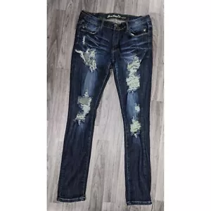 Machine Juniors Size 11 Whiskered Distressed Skinny Denim Blue Jeans - Picture 1 of 11