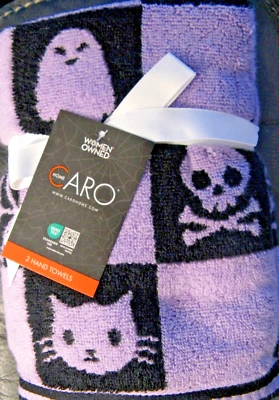 New CARO Halloween Purple & Black Checkered Cotton Bathroom Hand Towels Set of 2 - Image 1 of 4