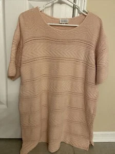 Sarah Arizona Womens Short Sleeve Sweater Peach SzL Long C Knit Side Slits - Picture 1 of 8