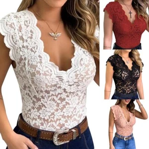 Womens V Neck Sexy Lace Vest Tank Tops Ladies Slim Fit Sleeveless Shirt Blouse - Picture 1 of 19