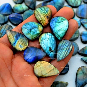 25 Pcs Natural Labradorite Pear Shape Cabochon Loose Gemstone Lot 15-50mm - Picture 1 of 13