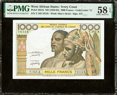 West African States / Ivory Coast 1000 Francs 1959-65 P-103Al Abt UNC PMG 58 EPQ - Image 1 of 2
