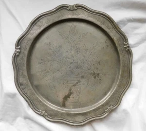 Antique PEWTER CHARGER 12" Hand Engraved 18th C 1755 2 Touch Marks WAVY EDGE - Picture 1 of 12