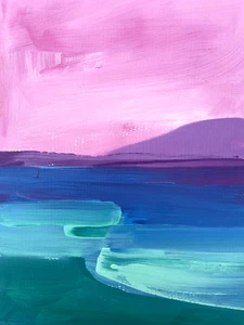 Rita Valletta Original Painting Mountain Seascape Pink Sunset Style Bob Ross D60 - Picture 1 of 9