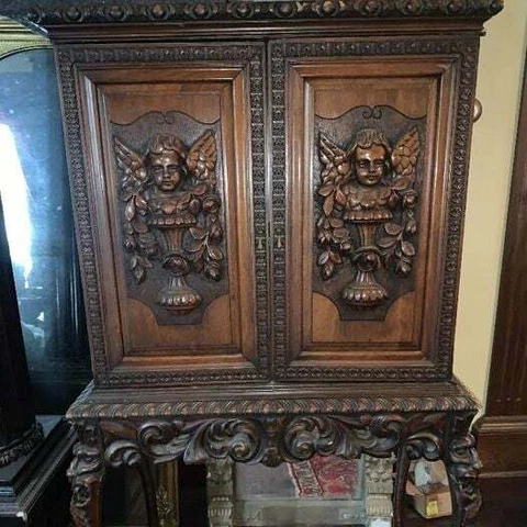 Antique carved figural cherub griffin face wooden renaissance cabinet cupboard Cover