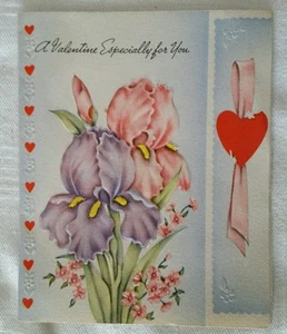 TARJETA DE FELICITACIÓN VINTAGE DE LOS AÑOS 40 IRIS EN RELIEVE FIRMADA POR SAN VALENTÍN EE. UU. - Imagen 1 de 3
