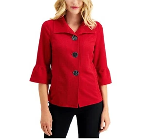 JM Collection Womens Petite PM Red Textured 3/4 Sleeve Button Jacket NWT A56 - Picture 1 of 7