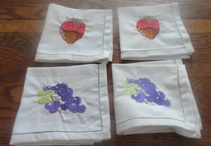 Four 10" Embroidered Cocktail Tea Dessert Napkins Appliqued Grapes Strawberry - Picture 1 of 11
