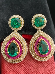 Pave 2.60 Cts Natural Diamonds Ruby Emerald Dangle Earrings In 585 Fine 14K Gold - Picture 1 of 12
