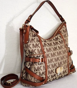 🌞MICHAEL KORS GANSEVOORT LARGE SIGNATURE MONOGRAM BEIGE BROWN SHOULDER BAG🌺NWT - Picture 1 of 13