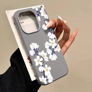 Case For iPhone 16 Pro Max 15 14 13 12 11 Leather Texture Flower Slim Soft Cover - Picture 1 of 19