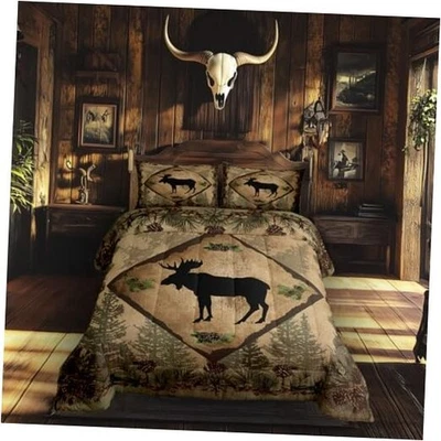 Moose Silhouette Decor Comforter Set Size 3 Pcs Green Jungle Pine King Multi 11 - Image 1 of 4