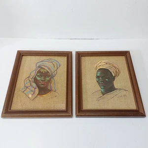 W. M. Otto Vtg Exotic Prints African Man & Woman 70s Framed Linen Canvas 8 X 10 - Picture 1 of 5